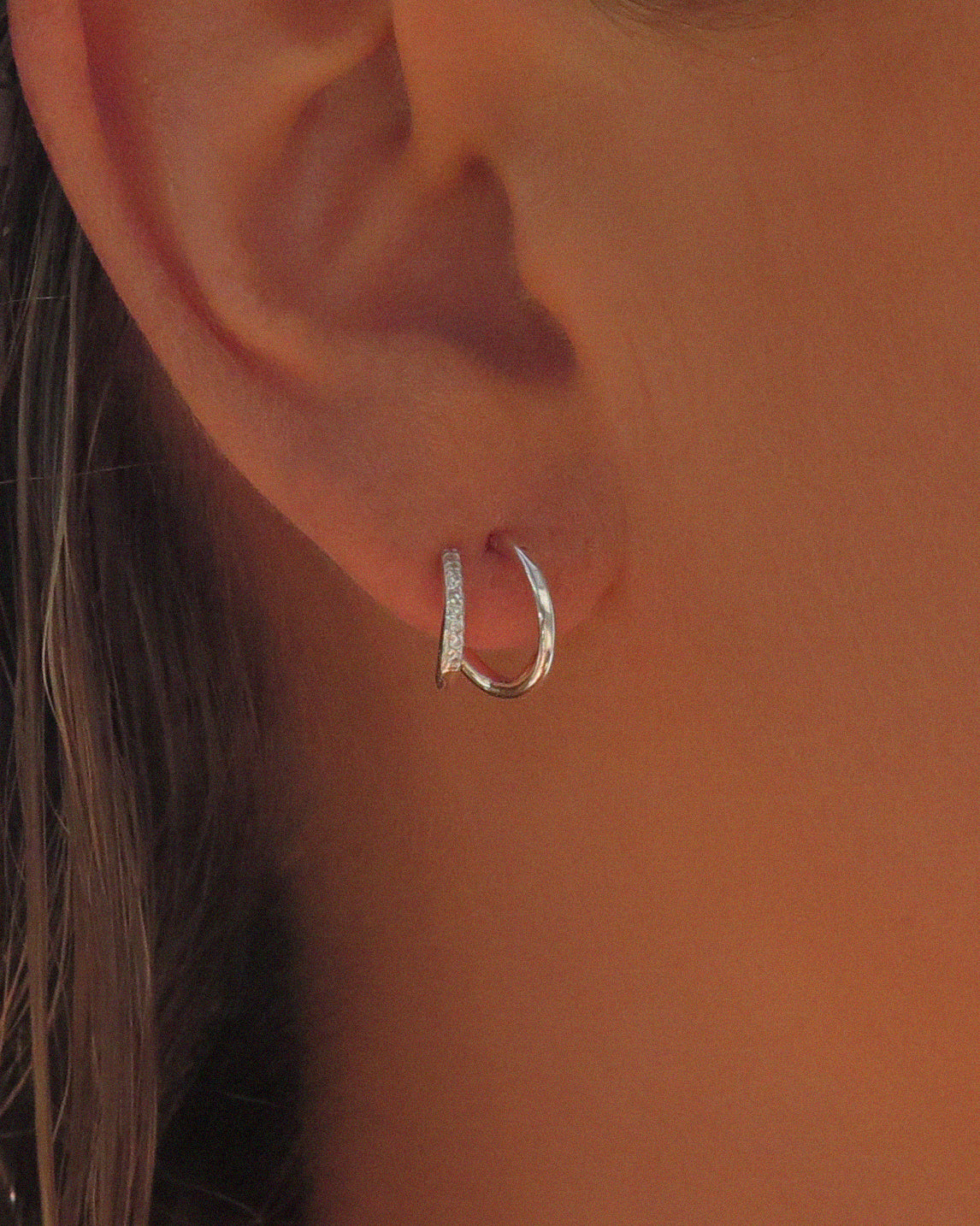 CZ Double Bar Open Hoop Earrings - Sterling Silver