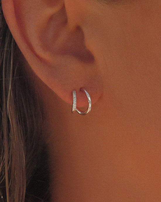 CZ Double Bar Open Hoop Earrings - Sterling Silver