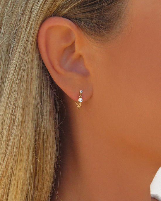 Double Mini CZ Chain Stud Earrings - 14k Yellow Gold Fill