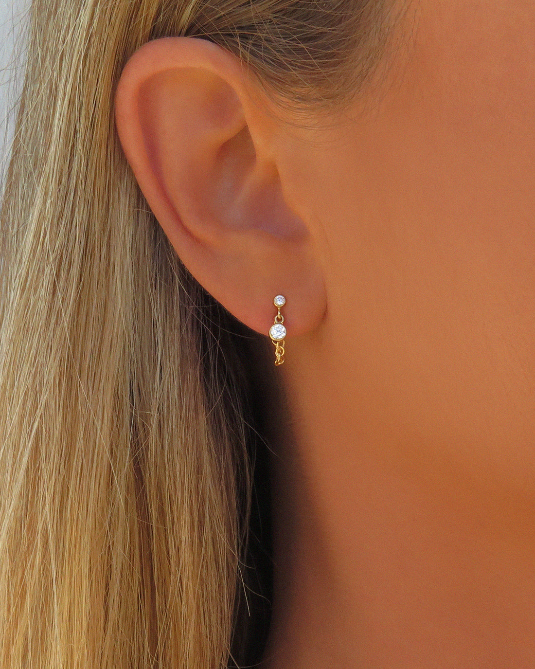 Double Mini CZ Chain Stud Earrings - 14k Yellow Gold Fill