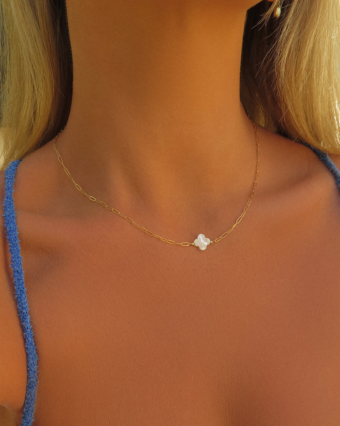 Thin Drawn Cable Chain White Clover Necklace